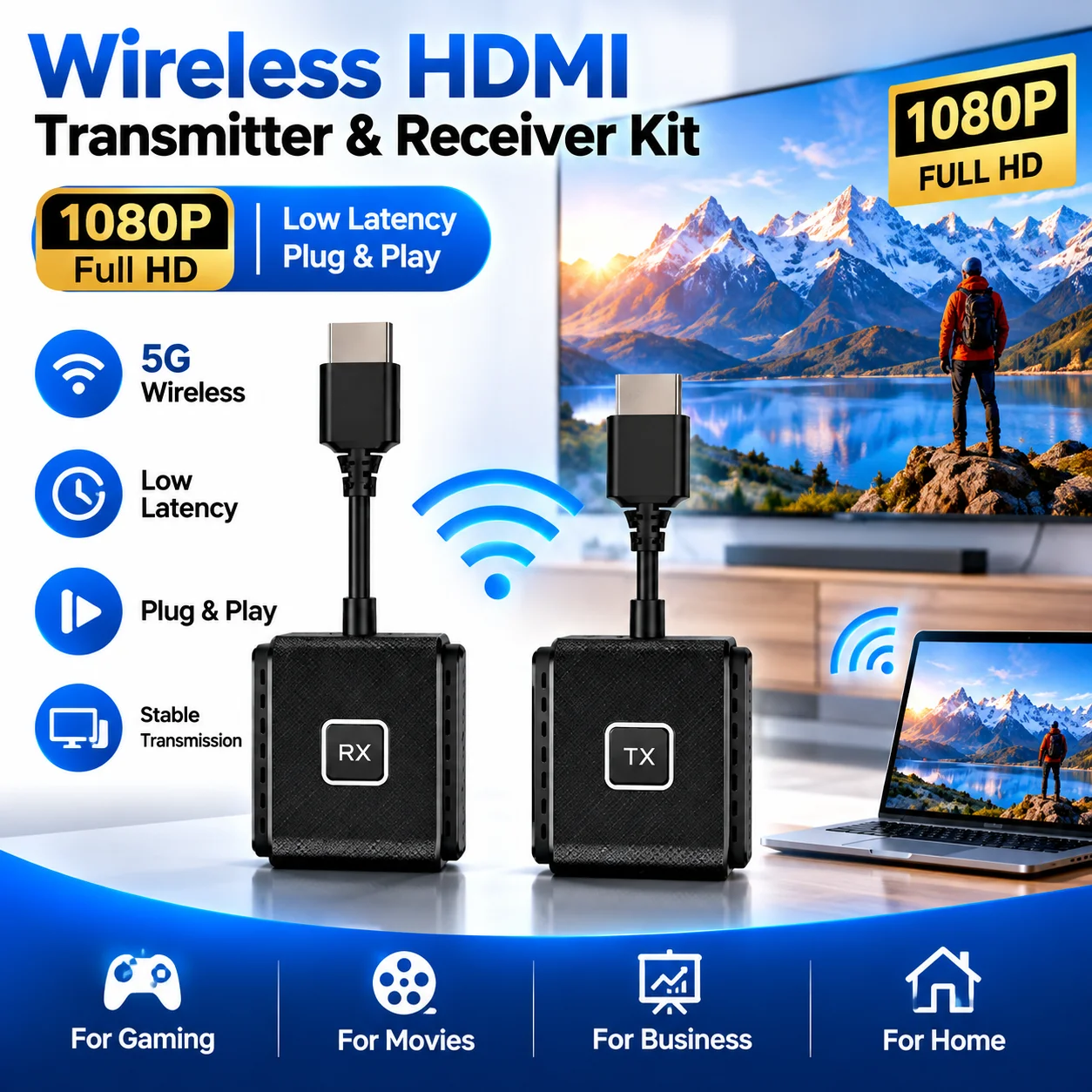 Wireless HDMI Transmitter and Receiver Kit, 1080P Low Latency HDMI Extender, Plug & Play Video Audio Transceiver for Laptop PC C