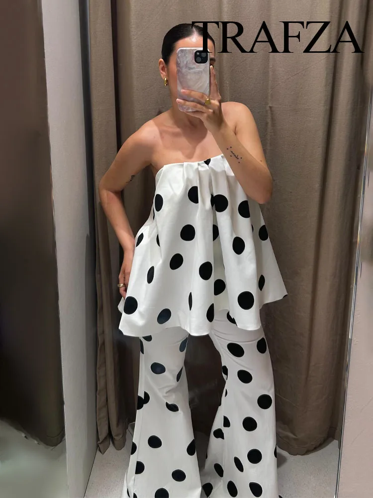 

TRAFZA Women 2-Piece Set Sexy Sleeveless Backless Polka Dot Set Pleated Decoration Strapless Summer Top+High Waist Trousers