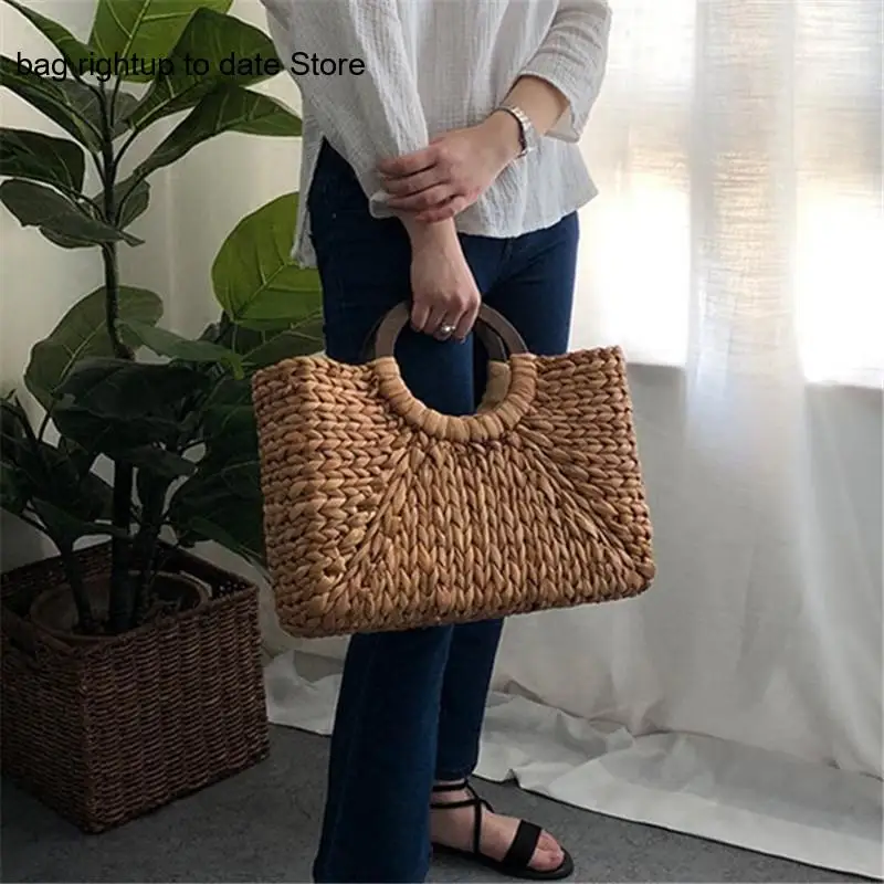 Wooden Corn Husk Woven Beach Pure Color Large Capacity Simple and Versatile Handmade Handheld Bag for Women
