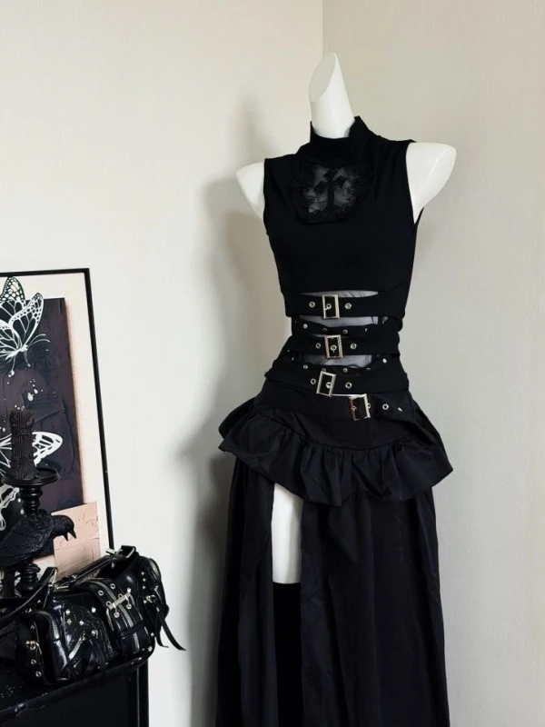 

Gothic Style Slim Fit High Waist Sleeveless Vintage Set for Women Summer Fashion Outfit Two Piece Ensemble Black Cool Hot