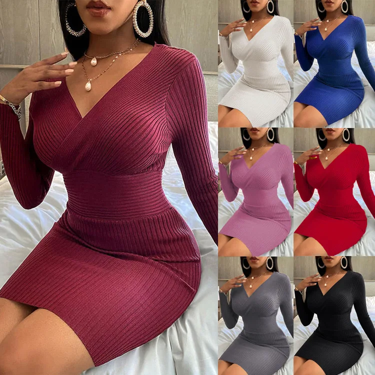 

Sexy Women Spring Autumn Long SleeveV neck Bodycon Soild Color Black Slim Package Hip Mini Dress 2022 Female Clothing Streetwear