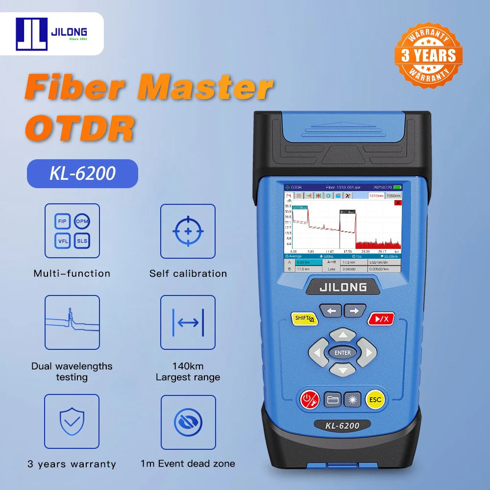 

JILONG KL-6200 1310/1550nm SM OTDR Bult-in OPM/SM Light Source/VFL/RJ45, Suit for 1:16 Splitters. Support Self Calibration