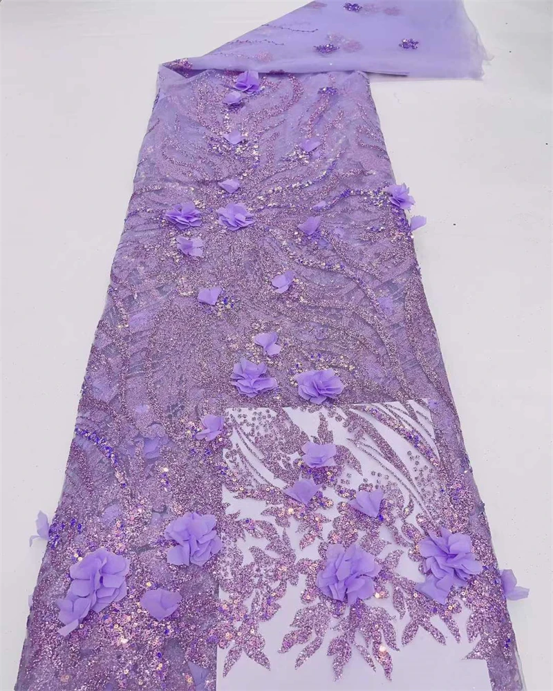 

High Quality African Nigerian Lace Fabric Embroidered Sequined 3D Flowers French Tulle for Dress Making