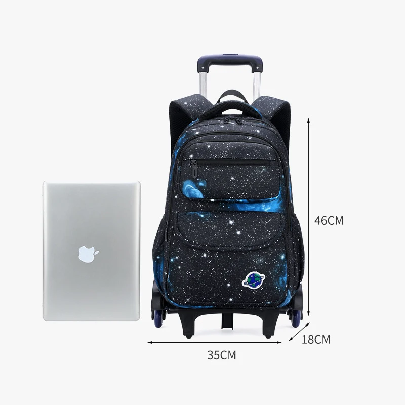 Mochila escolar para meninos, Saco de rodas, Starry Sky Series, Carrinho de estudante com rodas, Bagagem infantil