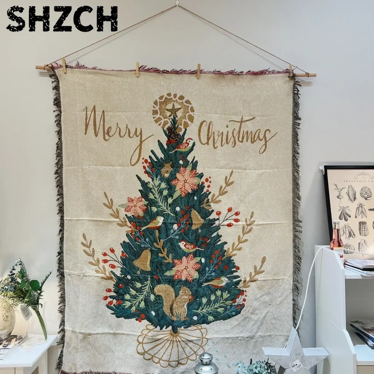 Textile City Merry Christmas Squirrel Pine Tree Tapestry Jacquard Throw Blanket Dust Proof Sofa Cover Home Decorative Textile