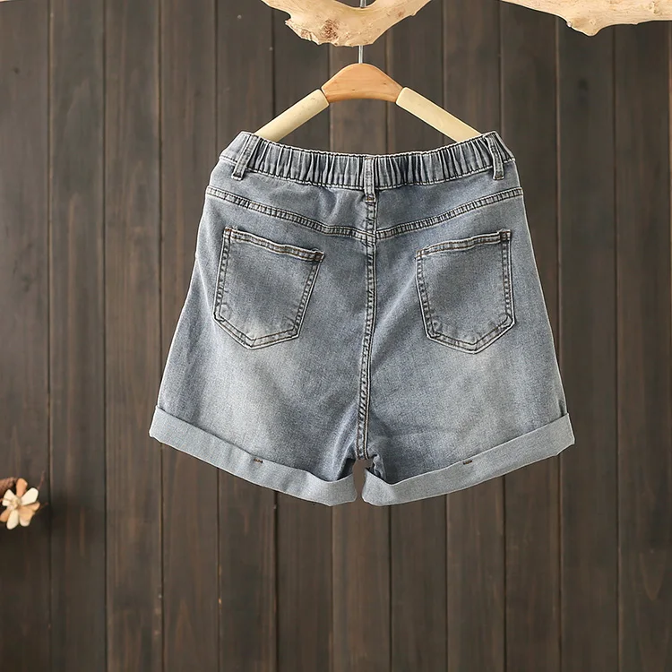 Summer plus Size 200 Pounds Denim Shorts High Waist Korean Version A-Line Loose Wide Leg Cuffed Elastic Versatile Slimming Ho...