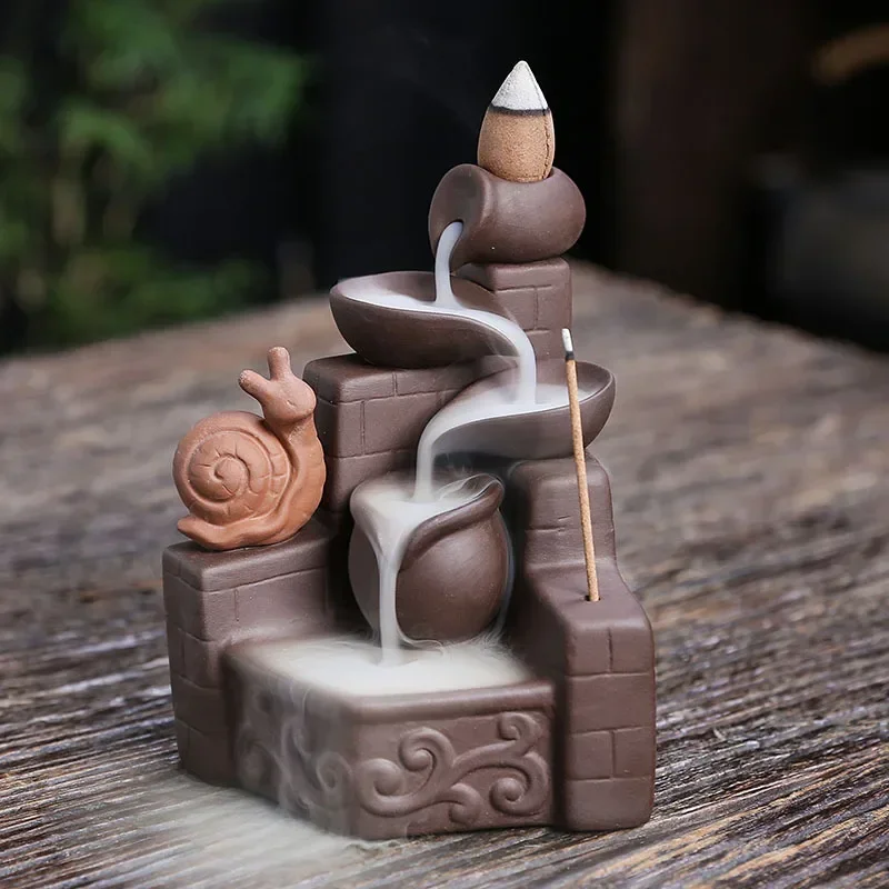 1pc Purple Clay Cute Snail Waterfall Backflow Incense Burner Zen Meditation Feng Shui Home Decoration Portable Incense Censer