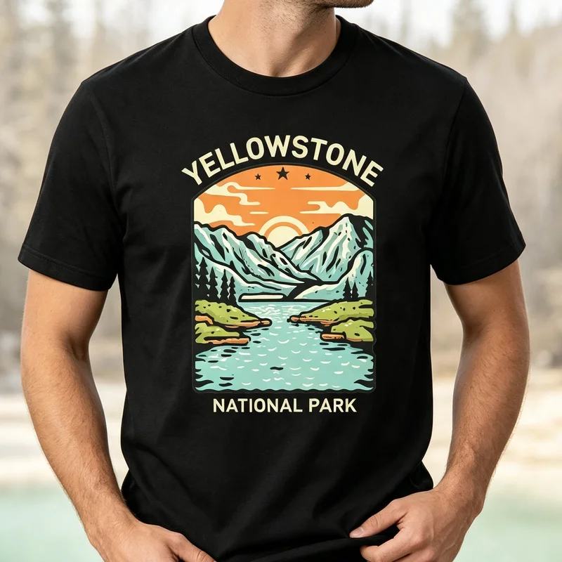 Yellowstone National Park Vintage T Shirt Travel Poster Mountain Lake Retro Tee Outdoor Camping Print Cotton Short Sleeve Unisex