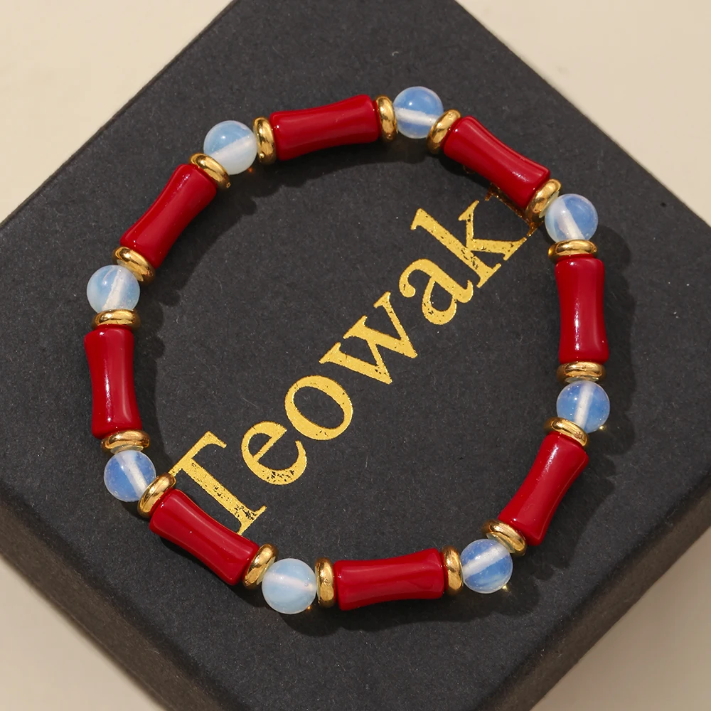 TeoWaki Red Coral Color Glass Bamboo Bracelet Opalite Spacer Beads Chinese Style Daily Jewelry Best Gift For Women Men 18-19cm