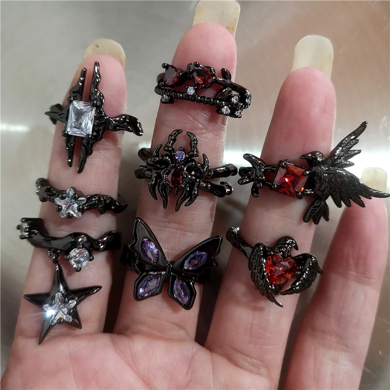 Y2K Gothic Tier Spinne Unregelmäßige Rote Kristall Stern Lila Schmetterling Ästhetische Ringe Frauen Halloween Grunge Schmuck Zubehör