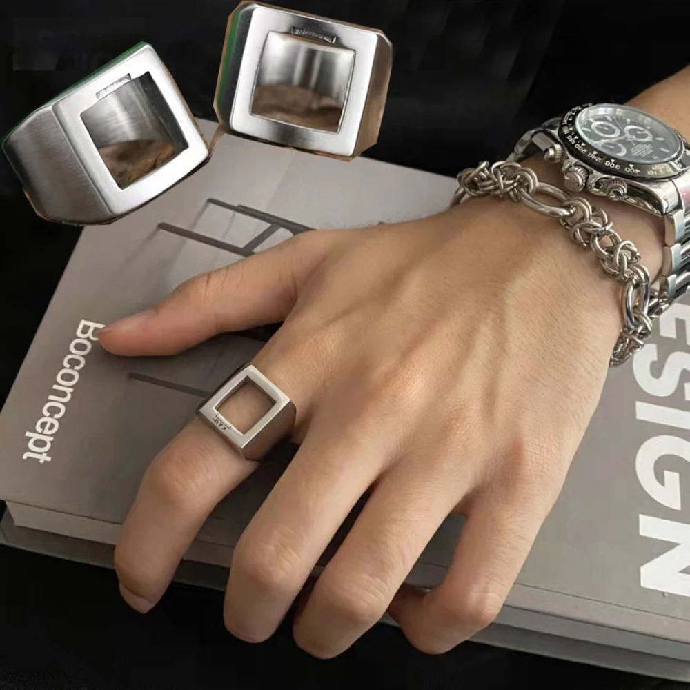 7/8/9/10/11/12/13 Square Hollow Titanium Steel Men Ring Silver Color Waterproof Bottle Opener Male Personalized Finger Jewelry
