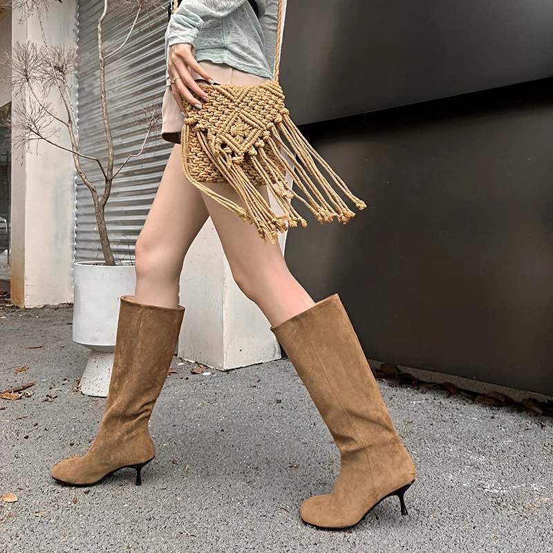 

QUTAA 2026 Fashion Winter Women Knee High Boots Faux Suede Woman High Heels Shoes Casual Round Toe Long Boots Lady Size 34-40