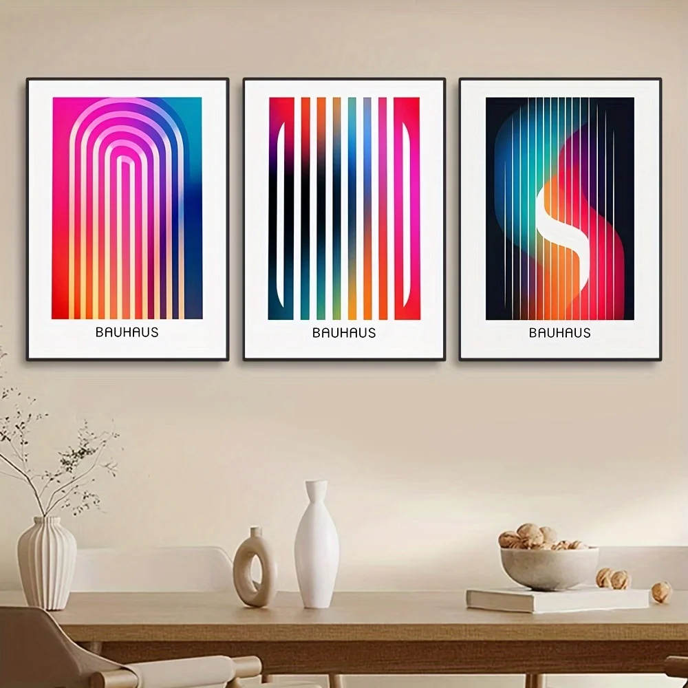 

Набор из 3 безрамных принтов в стиле Баухаус: абстрактные изображения, современные геометрические линии, смелые цветовые градиенты, ретро-эстетика - постер в скандинавском стиле