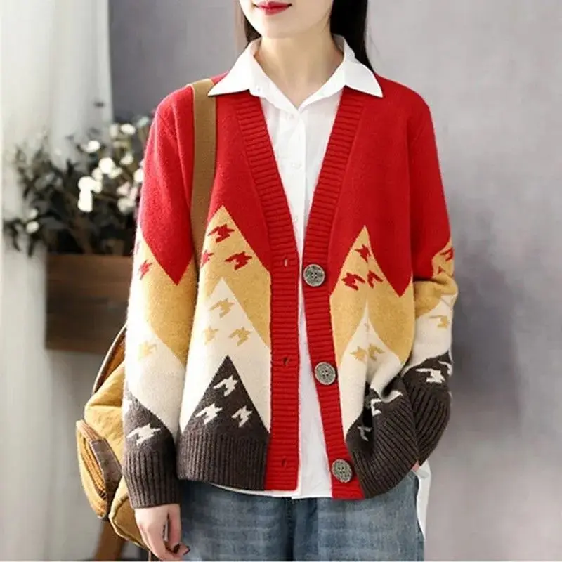 2023 New Autumn and Winter Retro Art Casual Loose Super Oversized V-neck Printed Long Sleeve Versatile Knitted Sweater Cardigan