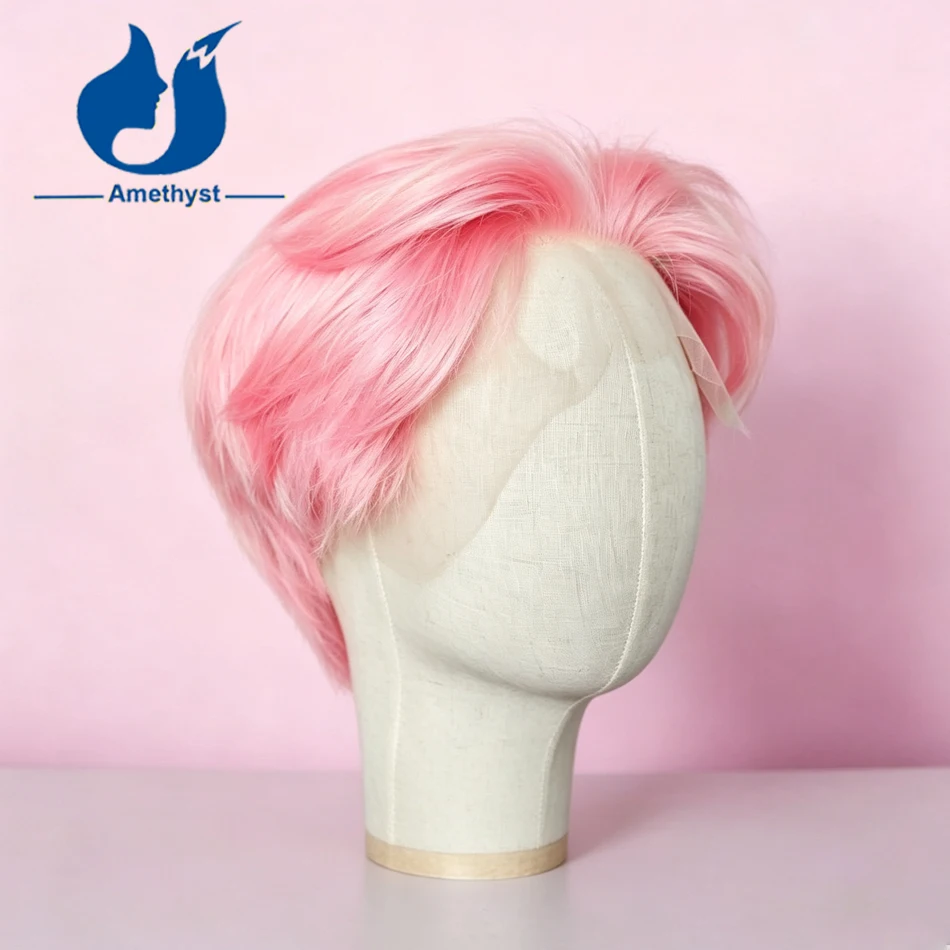 Amethyst Straight Short Boy Cut Wig for Men Real Human Hair Layered Transparent Full Lace Pink Pre-Styled Remy Fashion Wig