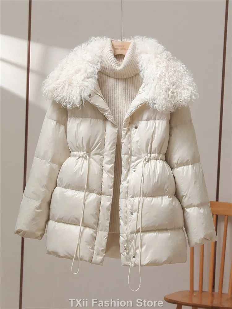 Winter Women Faux Lamb Wool Collar Lapel Drawstring Coat Lady Casual White Duck Down Coat Midi Puffer Parka Outwear