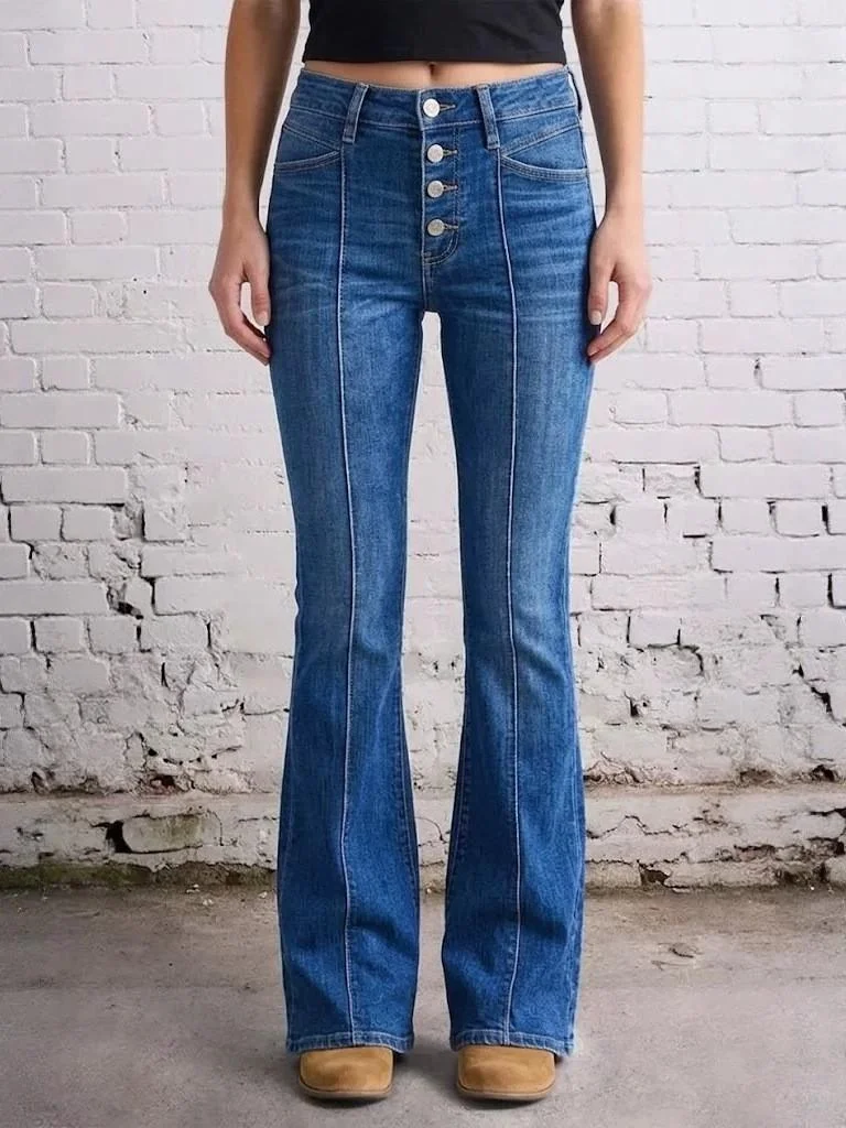 Women's High-Waist Blue Plain Denim Flared Jeans - Below the Ankle Length, Button-Zipper Closure, Comfortable Everyday All-Seaso