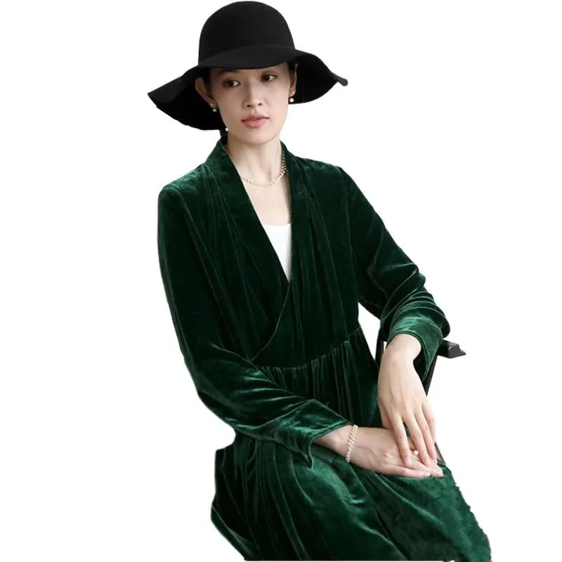 Russian style women Winter long sleeve sexy Vneck velvet dress    Spring and Autunm long maxi velour dress