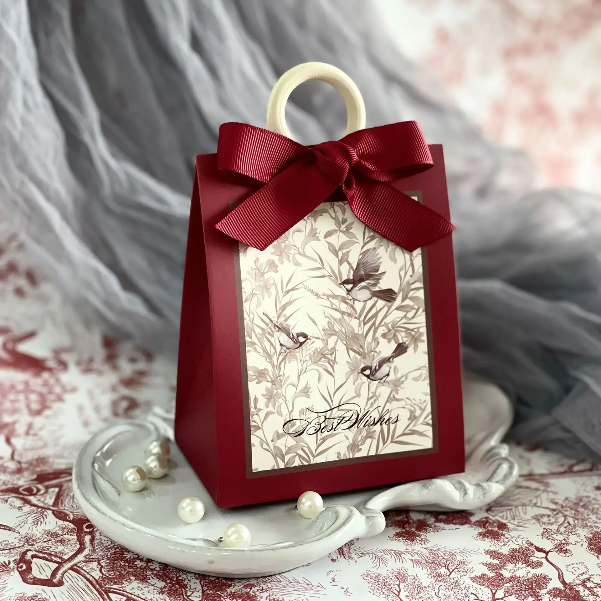 Flowers Birds and Forest Wedding Candy Box with Wooden Ring DIY Favors Birthday Party Jelwery Gift Packing Box Empty Paper Boxes