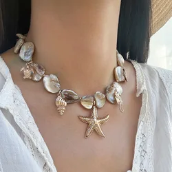 Boho Sea Turtle Sea Conch Sea Star Pendant Necklace 2024 Women's Simple Creative Shell Stone Weaving Girls Beach Jewelry