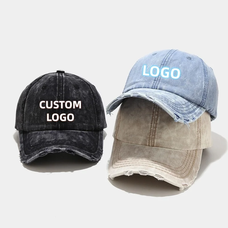 DIY Print Logo Washed Denim Baseball Hat Distressed Ripped Brim Retro Dad Cap Personalized Custom Hats for Events Promotion