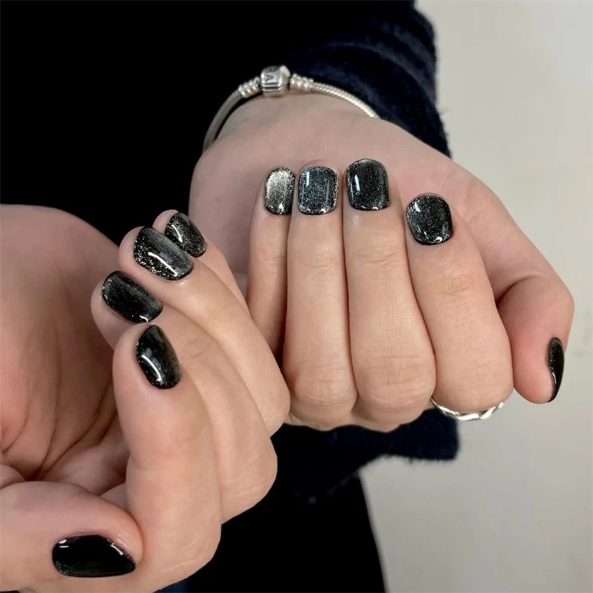 24Pcs/Set Gray Gradient Glitter Cat Eye Fake Nails Art Removable Artificial Press on Acrylic Nails Hot Nails Stick on Nail Tips