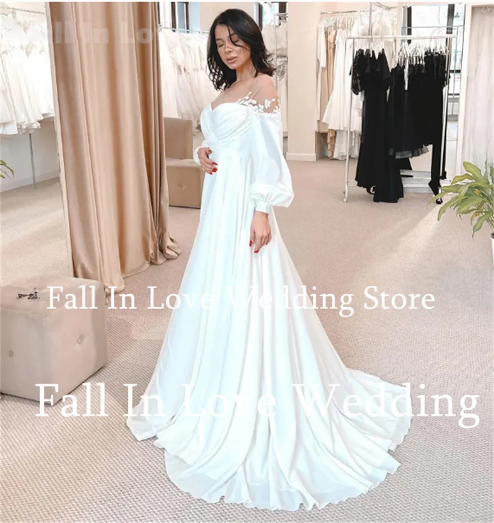 Fall In Love Wedding Dress Sweethear Neck Long Sleeves Appliques A-Line Sweep Train Bridal Gown Floor-Length Vestidos De Novia