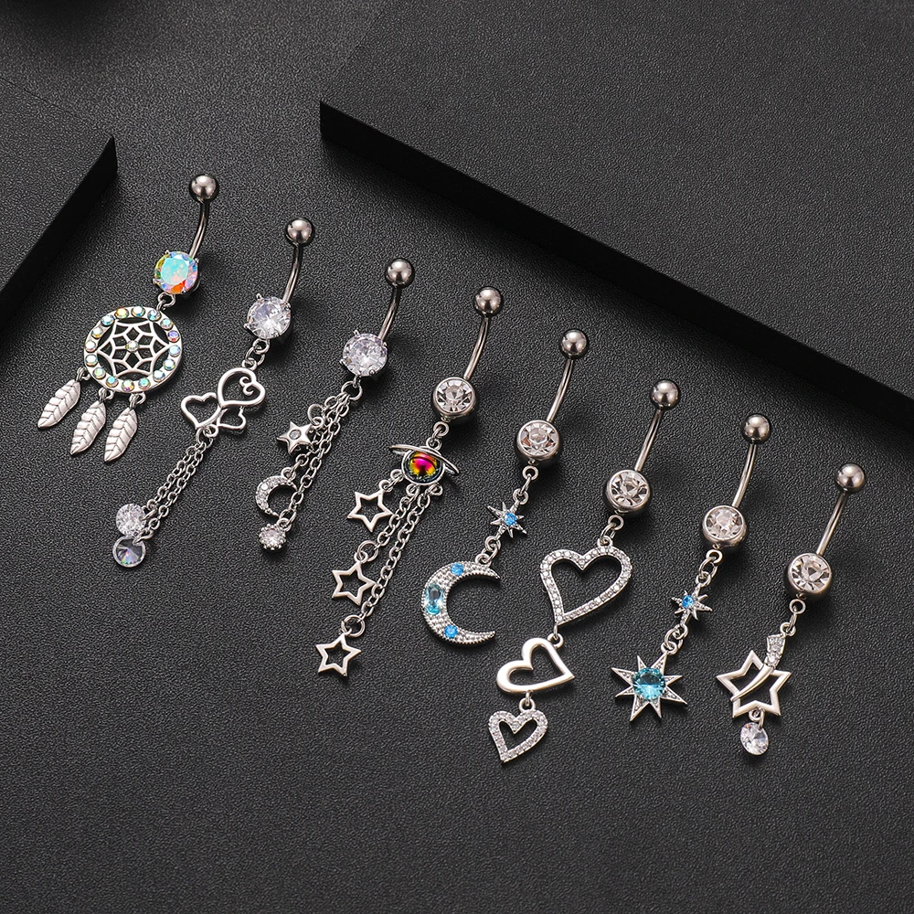 Blue Crystals Belly Button Rings Women Dangle Surgical Steel Navel Rings Cubic Zirconia Star Moon Piercing Ombligo Oreja Jewelry
