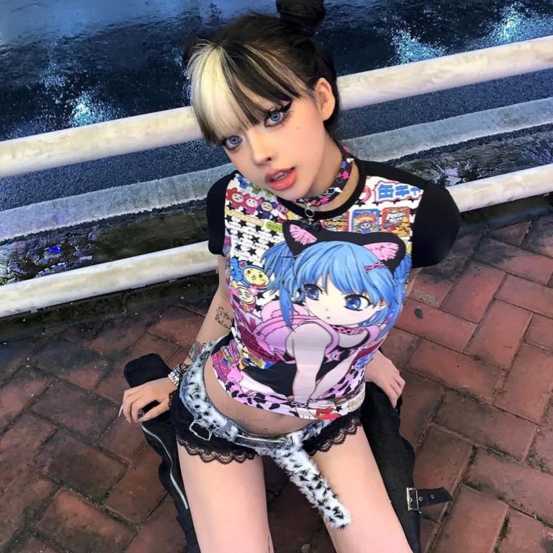 Anime Printed Summer New Fashion T-shirt Dopamine Japanese Style Slim Fit Design Tees Sweet Spicy Y2K Girl Gothic Versatile Top