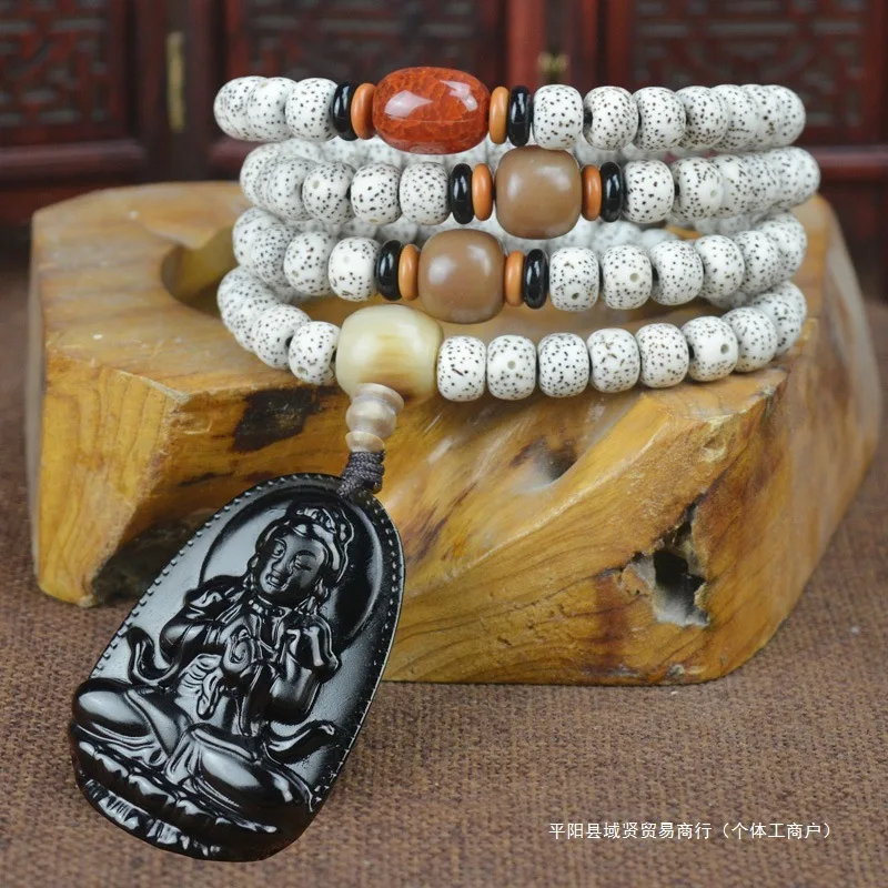 Tibetan Style Blood 108 Moon Bracelet Buddhist Prayer Necklace Golden Silk Bodhi Beads
