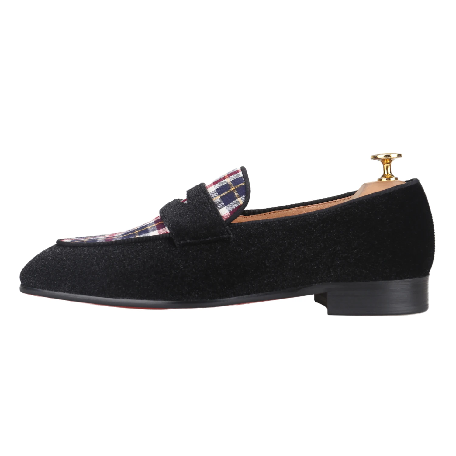 Piergitar British Classic Style Checkered Fabric Patchwork Velvet Men Penny Loafers Gentlemanly And Dapper Slip-On Smoking Shoes