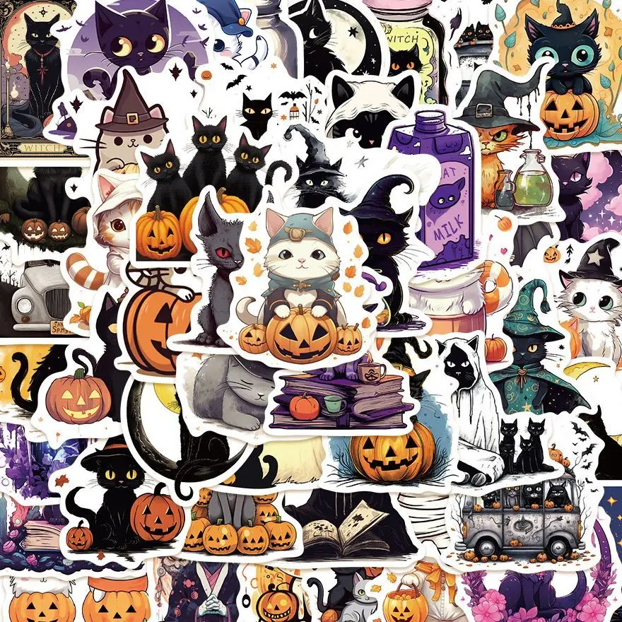 50PCS Halloween Cat Graffiti Stickers Cartoon Notebook Phone Case Guitar Water Cup Refrigerator Reward Stickers Wholesale