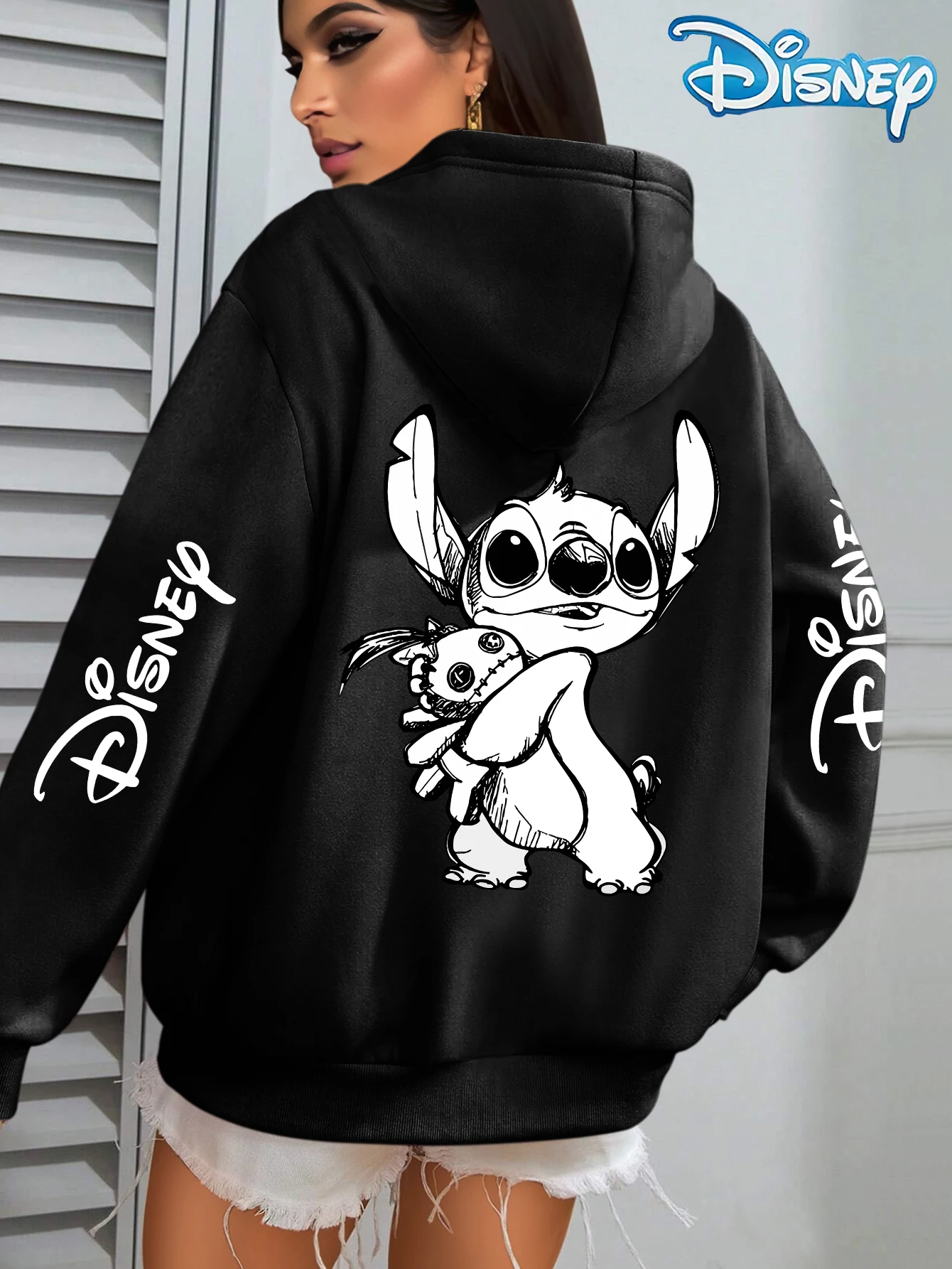 Unisex Disney Lilo Stitch Cotton Fleece Hoodie Black Color Blue Alien Hugging Rag Doll Big Eyes Back Print Sleeve Text Loose Fit