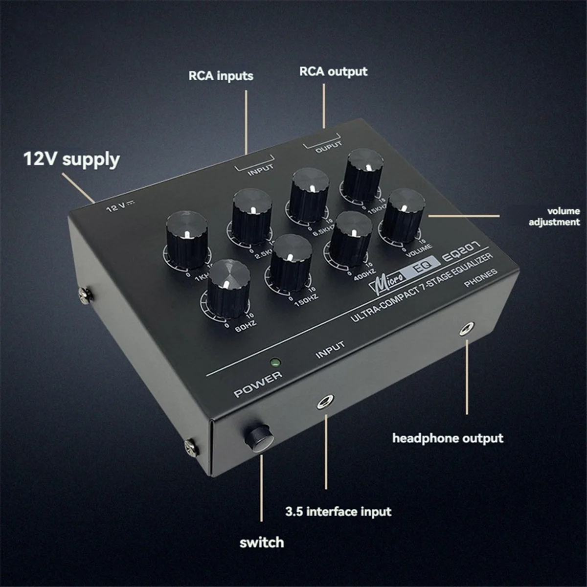 ABJG-Preamp EQ207 7 Band Equalizers Sound Modifiers DC12V Power Input Audio Mixer