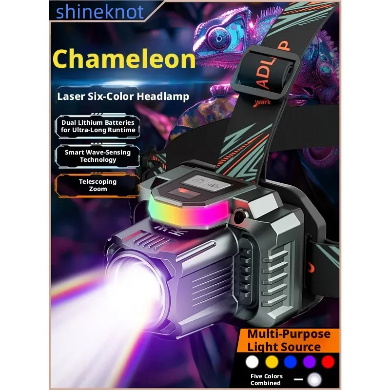 Headlight Strong Light Super Bright Rechargeable Head Mounted Ultra Long Endurance, Six Color Light Source Induction Night Fishi