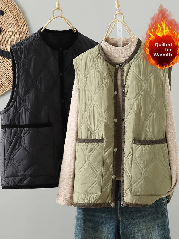 Kleur Blo Jaet Katoen gevoerd Casual rond Ne Enkele knop Grote maat Damesvest Bovenkleding Dubbel ket Herfst W...