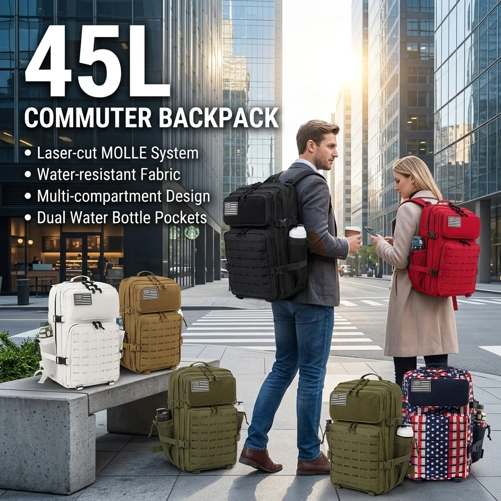 45L Tactical Backpack For Men With MOLLE Webbing System Outdoor Survival Gym Fitness Hiking Camping Backpack Dual Cup Holders Large Capacity Rucksack For Wilderness Trip Travel Daily Work Commute Outdoor Camping Activities Gear Storage Backpack