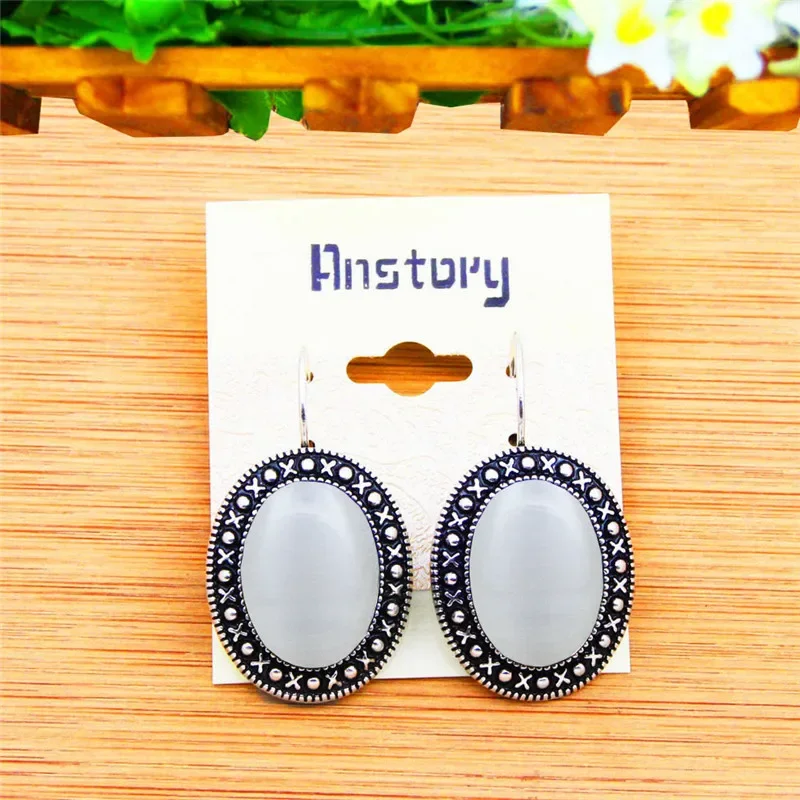 3 Colors Oval Opal Earrings Vintage Pendant Earrings For Women Antique Silver Plated Stone Fashion Jewelry