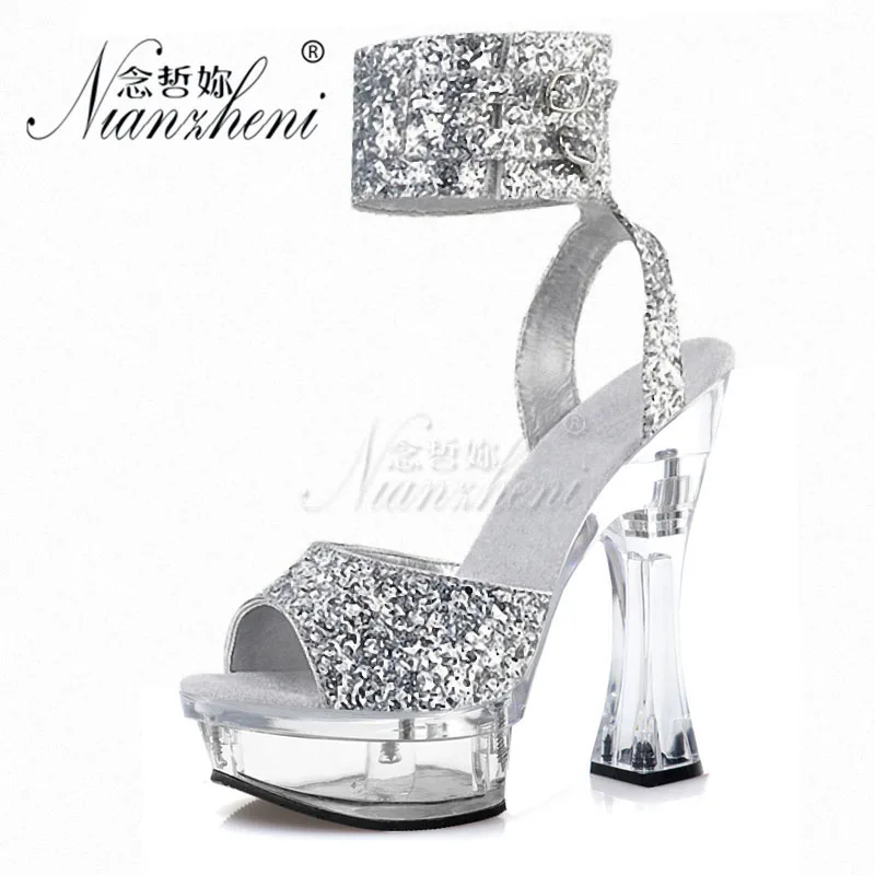 

Platform Silver Flash Powder Exotic Dancer 14cm Crystal Coarse Heel Sexy Fetish Shallow Peep Toe Strip Pole Dance Elegant Models