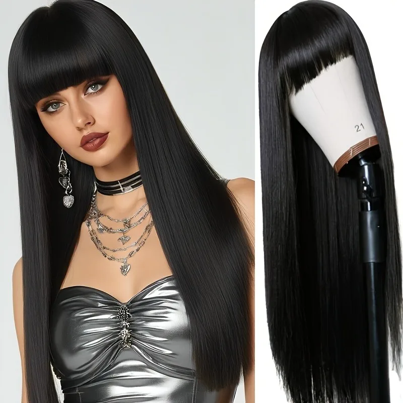 

26-дюймовый черный прямой синтетический парик с челкой, высокая плотность - естественный вид, отлично подходит для женщин, идеально подходит для повседневного ношения, музыки