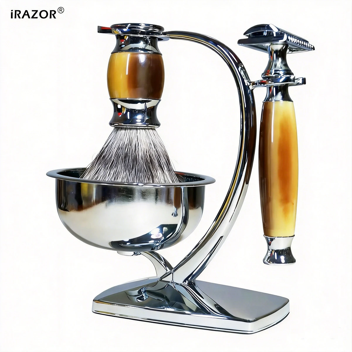 iRAZOR Classic Męski Zestaw do Golenia z Maszynką na Włosy z Podwójnym Ostrzem, 10 Ostrzy Manualnych, Miska do Golenia i Pędzel z Włosia Jeża Silvertip - Zestaw Prezentowy — zdjęcie 2