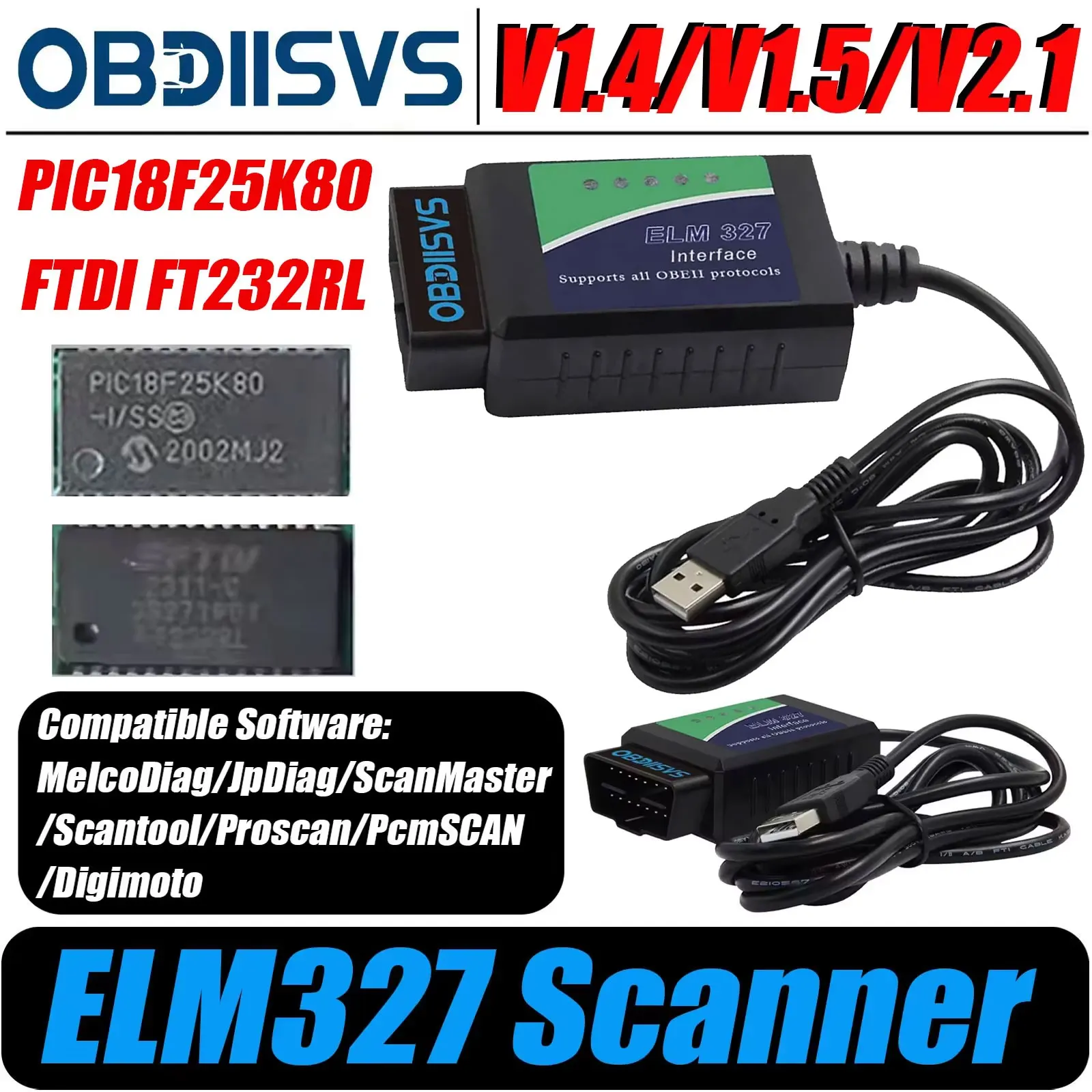ELM327 V1.5 OBD2 Scanner für FIATEcuScan/MultiEcuScan/ScanMaster/ScanTool PIC18F25K80 FT232RL Codeleser ELM327 Diagnosewerkzeug – Detail 1