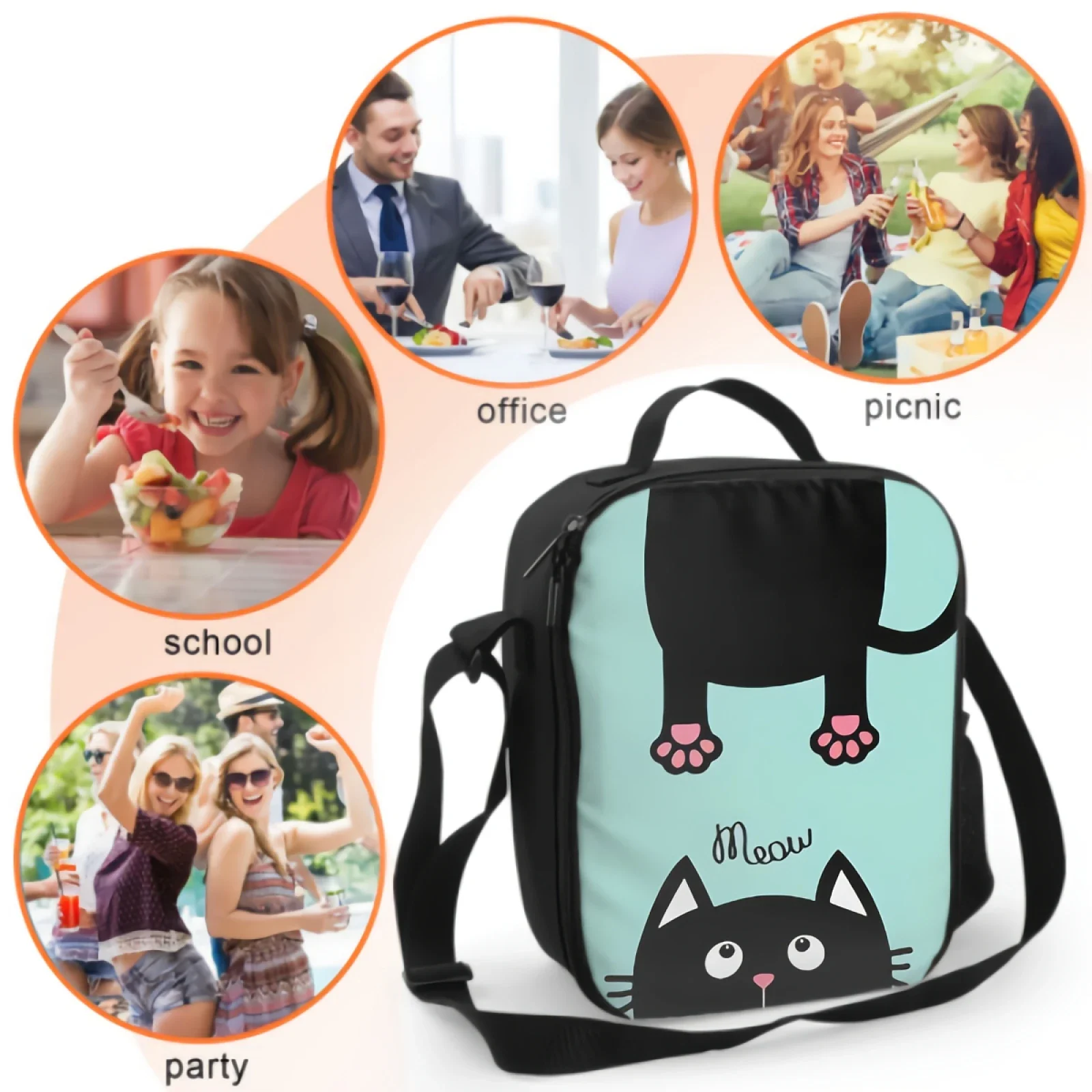 Bolsa de almuerzo aislada con aspecto de gato negro para el trabajo escolar, Picnic, cara divertida, silueta de cabeza, Tote, contenedores, bolsa