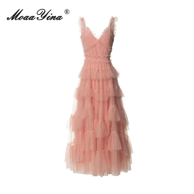 

MoaaYina Summer Fashion Designer Women's Long Dresses Vintage Solid Color V-Neck Ruffles Chiffon Sexy Backless A-LINE Dress