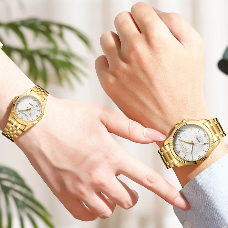 CHENXI 050A Mode Paar Quartz Horloges Luxe Goud Roestvrij Staal Waterdicht Lichtgevende Vrouw Mannen Zakelijk Horloge Geschenken