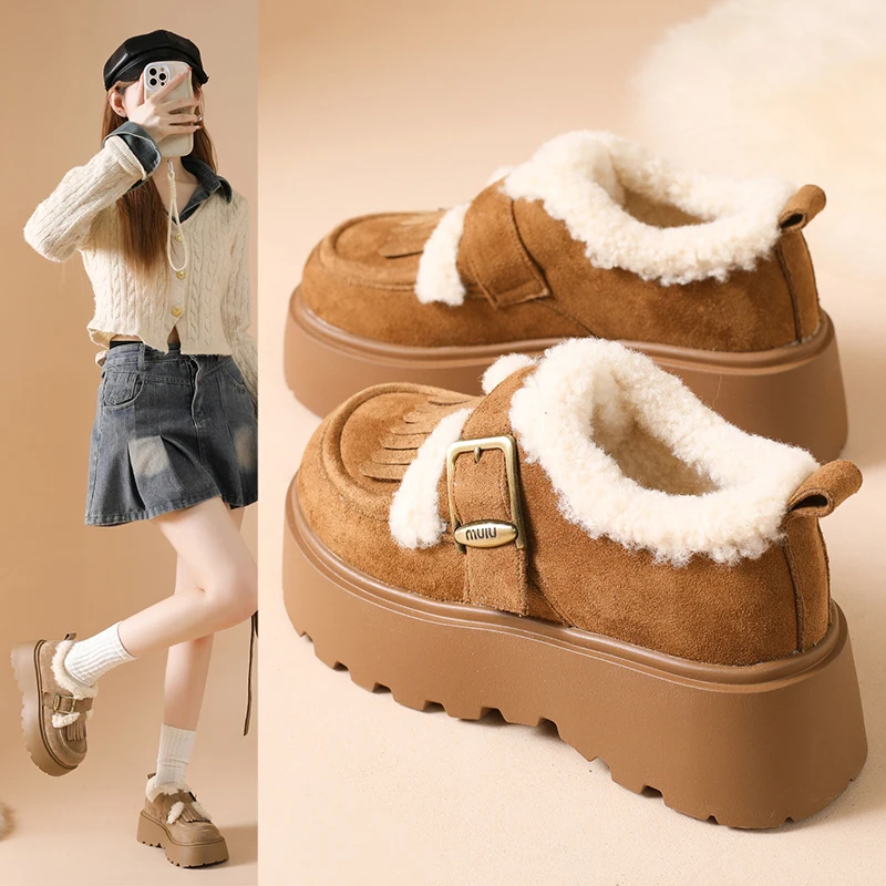 أحذية قطنية عصرية، أحذية بدون كعب دافئة، أحذية فراء قصيرة متعددة الاستخدامات بنعل سميك لزيادة الارتفاع 2652 #3