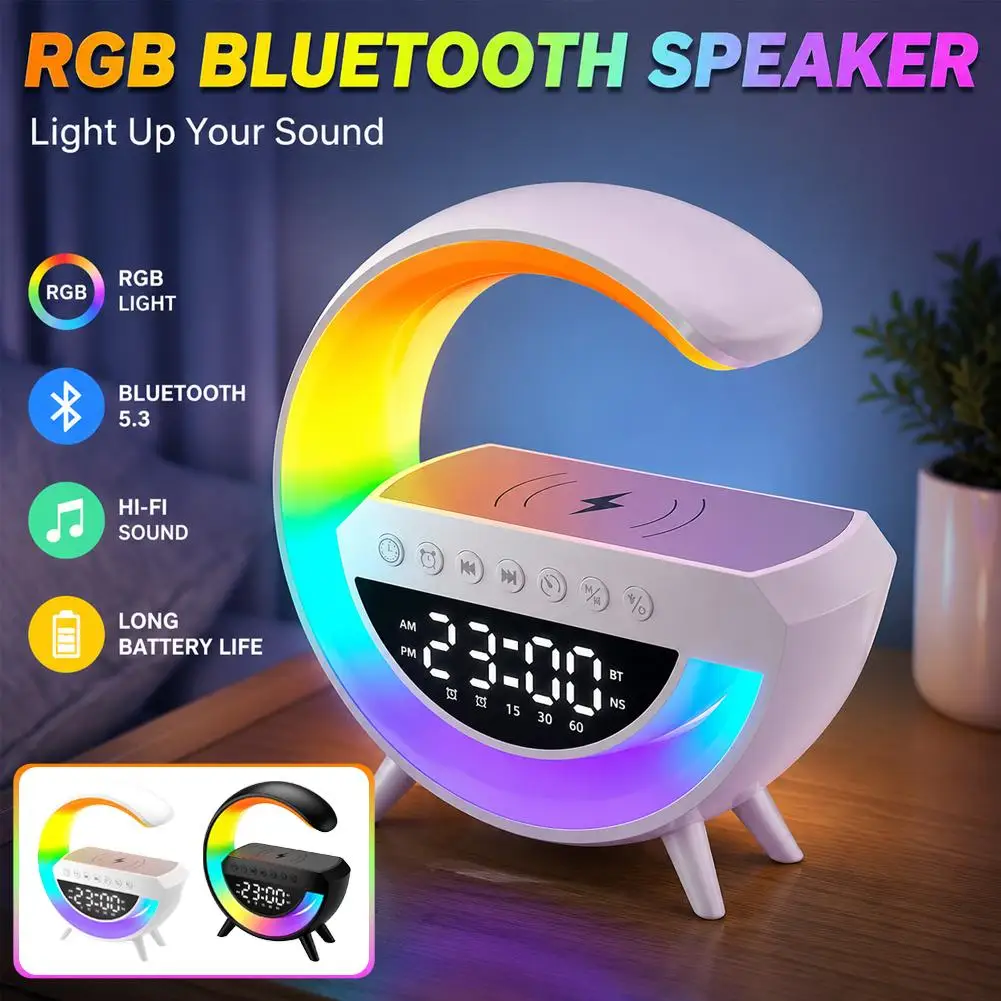 RGB Bluetooth Speaker Multi functional Wireless Charging Home Alarm Clock Atmosphere Light Wireless Charger Stand Pad