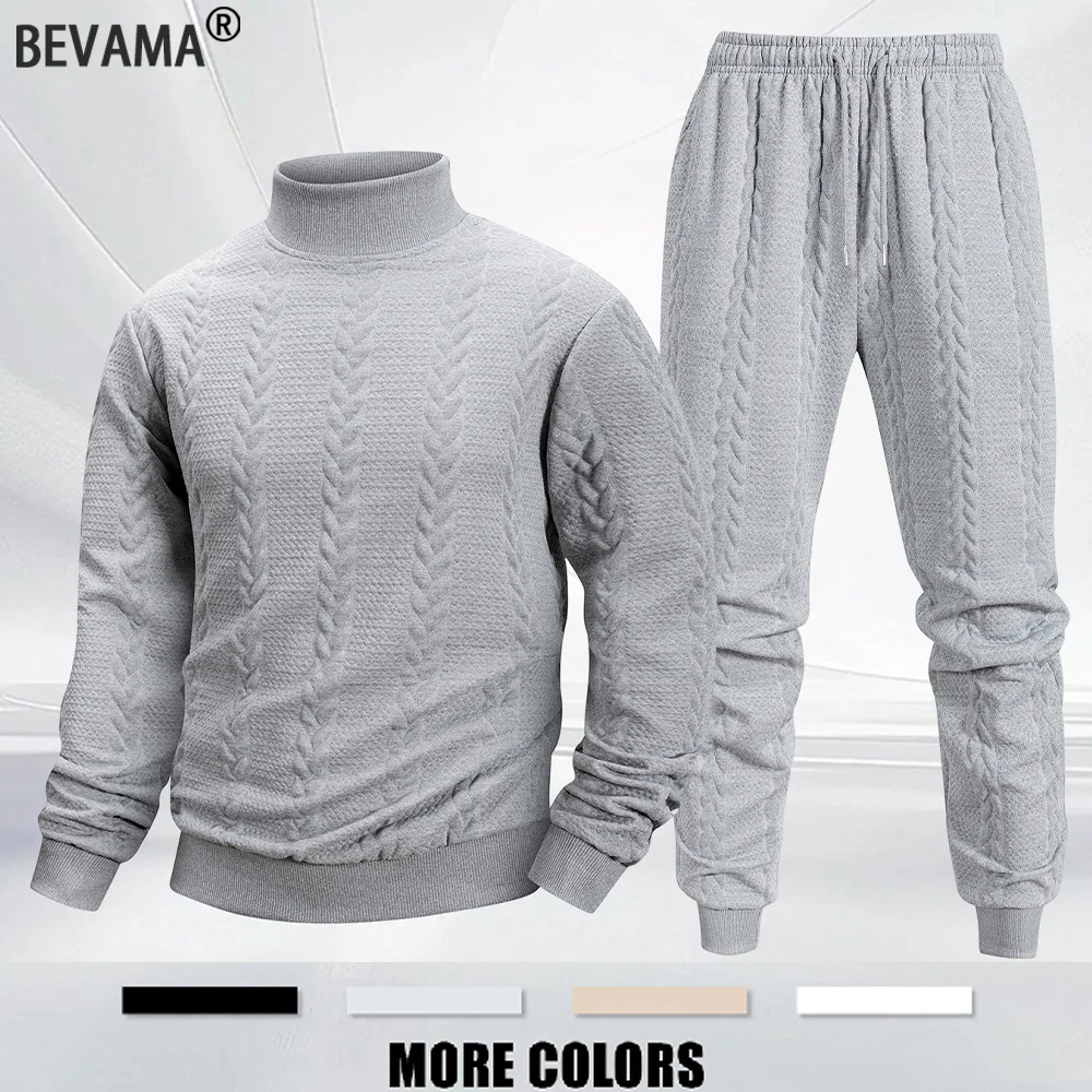 

BEVAMA Men's Warm Cold Blouse Woolen Casual Sweaters Pants Two-piece Set Turtleneck Pullover Outdoor Knitwear Jerseys Pants