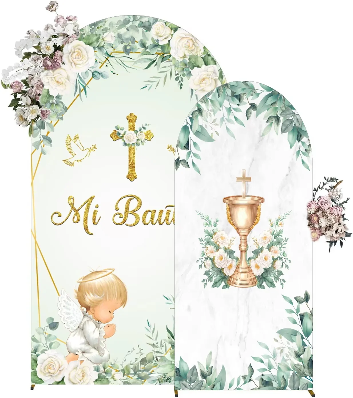 First Communion Arch Backdrop Cover Flowers God Bless Holy Cross Dove Girl Boy Baptism Baby Shower Decor Arched Background Props view 2