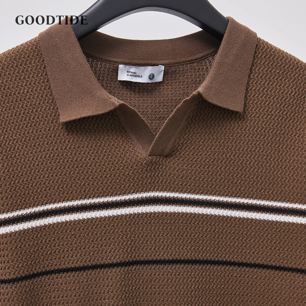 Men's Striped Knitted Polo Shirt Summer Fashion Retro Lapel Business Office Short Sleeve T-shirt Small V-neck Top Men's Clothing
